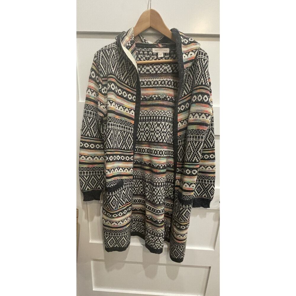 Monteau Sweater Womens Medium Grey White‎ Hooded Cardigan Hand Pockets